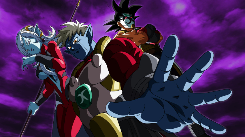 2boys armor artist_request bardock black_hair blue_skin bodysuit bracer breasts clothing_cutout colored_skin crossed_arms demon_boy demon_girl dragon_ball dragon_ball_xenoverse earrings female fingernails from_below frown game_cg grey_hair hair_between_breasts hair_ornament highres holding holding_staff husband_and_wife infinity_symbol jewelry large_breasts loading_screen long_hair looking_at_viewer looking_down mask masked_saiyan mira_(dragon_ball) multiple_boys muscular muscular_male no_eyebrows no_navel official_art official_wallpaper open_hand orange_eyes pointy_ears potara_earrings purple_eyes purple_lips purple_sky red_nails saiyan_armor sharp_fingernails short_hair sky smirk spiked_hair staff stomach_cutout third-party_source time_breaker_mask towa_(dragon_ball) underboob underboob_cutout white_armor white_hair