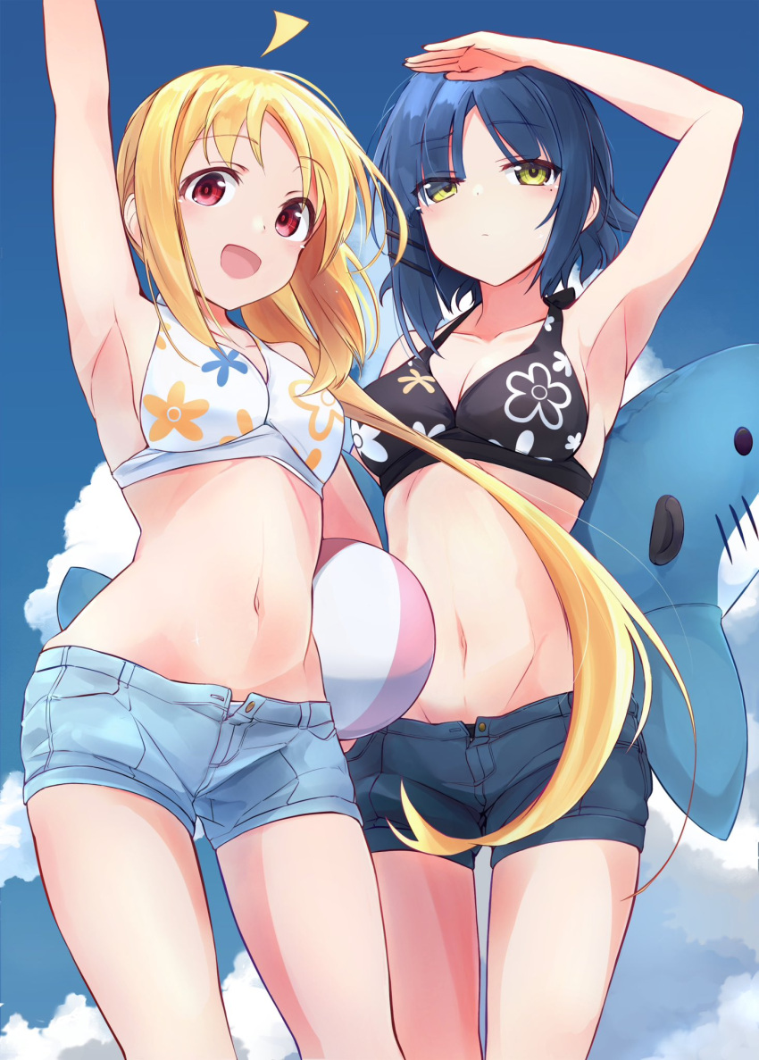 2girls ahoge arm_up ball beachball bikini black_bikini blonde_hair blue_hair blue_shorts blue_sky bocchi_the_rock! breasts cloud denim denim_shorts feet_out_of_frame floral_print halterneck highres ijichi_nijika inflatable_shark inflatable_toy long_hair medium_breasts minosu multiple_girls red_eyes short_hair shorts side_ponytail sky smile swimsuit white_bikini yamada_ryo yellow_eyes