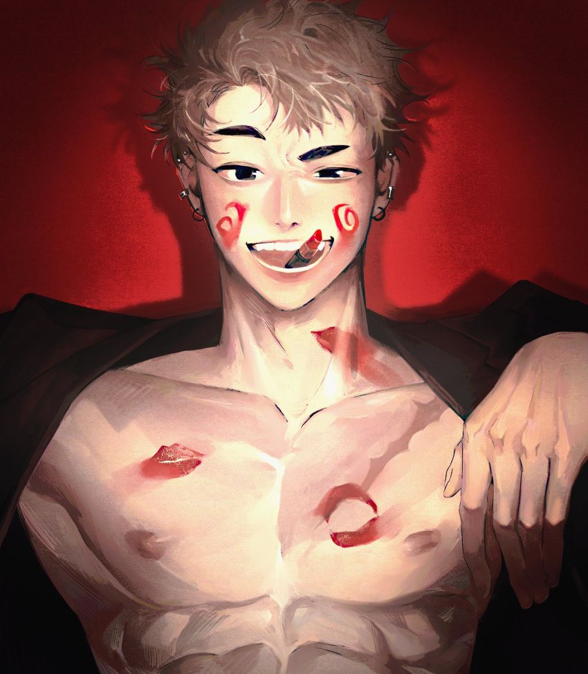 000_jjms 1boy abs black_eyes brown_hair character_request collarbone copyright_request ear_piercing highres lipstick lipstick_mark lipstick_mark_on_chest looking_at_viewer makeup male_focus nipples open_mouth piercing raised_eyebrow short_hair smile solo teeth upper_body