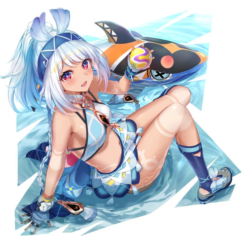 ball bare_shoulders bikini blue_hair blue_skirt blush body_markings bracelet braid breasts female fingerless_gloves genshin_impact gloves hairband jewelry kachayori light_blue_hair long_hair looking_at_viewer low_twin_braids medium_breasts microskirt mualani_(genshin_impact) navel open_mouth ponytail red_eyes shark sidelocks sitting skirt smile solo swimsuit twin_braids water white_bikini white_gloves white_hair