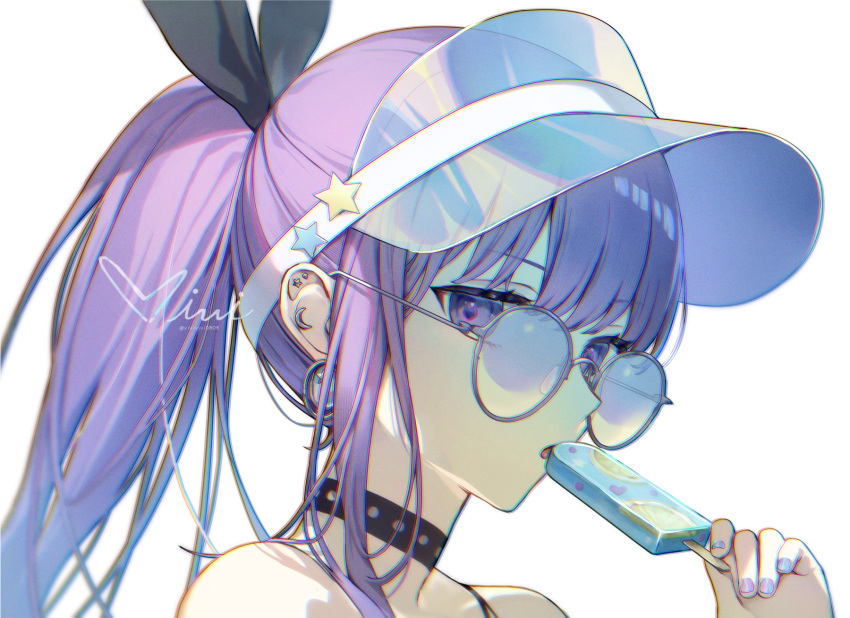 :o bare_shoulders bb_(fate) black_bow black_choker blue-tinted_eyewear bow choker crooked_eyewear ear_piercing earrings eating fate_(series) female food from_side hairbow half_updo hat_ornament highres holding holding_food holding_popsicle jewelry long_hair looking_at_viewer nail_polish open_mouth piercing popsicle portrait purple_eyes purple_hair purple_nails round_eyewear sidelocks solo star_(symbol) star_hat_ornament studded_choker tinted_eyewear visor_cap vivi_(eve_no_hakoniwa)