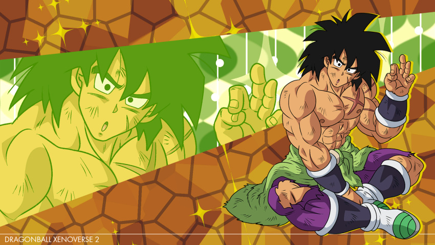 1boy abs artist_request bare_pectorals black_eyes black_hair boots bracer broly_(dragon_ball_super) confused copyright_name cross_scar dark-skinned_male dark_skin dirty dirty_clothes dirty_face dragon_ball dragon_ball_super dragon_ball_super_broly dragon_ball_xenoverse english_text fur_shawl game_cg highres leggings loading_screen looking_at_viewer male_focus medium_hair muscular muscular_male official_art official_wallpaper ok_sign open_mouth pectorals purple_leggings saiyan scar scar_on_arm scar_on_cheek scar_on_chest scar_on_face scar_on_stomach scratches shawl sitting solo sparkle spiked_hair tan third-party_source torn_clothes zoom_layer