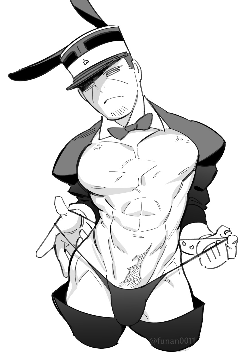 1boy abs absurdres animal_ears bara bare_pectorals bikini_briefs bulge collared_shrug cropped_torso crossdressing facial_hair funan0011 goatee_stubble golden_kamuy hat highres kepi looking_at_viewer male_focus male_playboy_bunny male_underwear male_underwear_pull meme_attire military_hat muscular muscular_male navel nipples partially_shaded_face pectorals rabbit_ears reverse_bunnysuit reverse_outfit short_hair solo stubble thighhighs tsukishima_hajime underwear