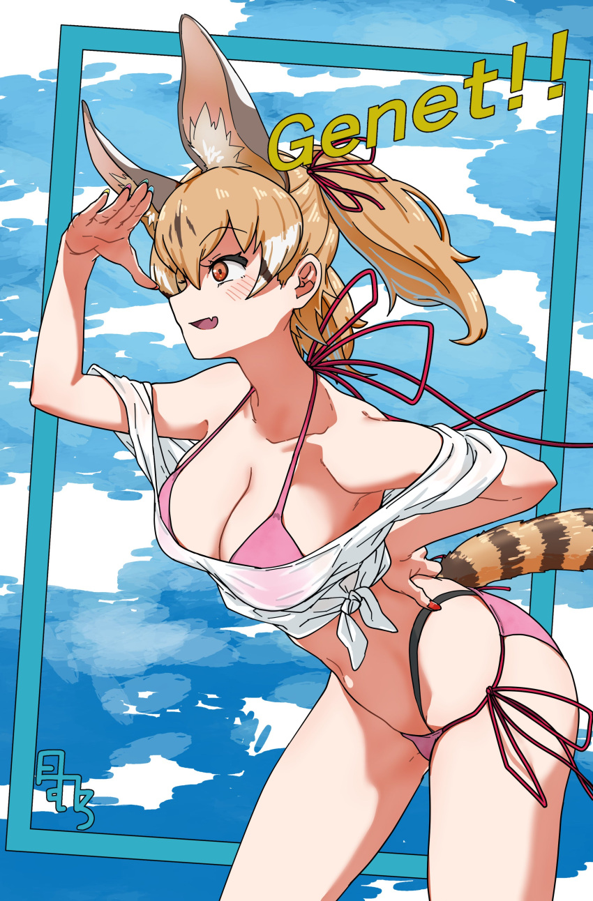 aatsiol_uuk absurdres animal_ears bikini breasts brown_eyes brown_hair cat_ears cat_girl cat_tail cleavage extra_ears female highres kemono_friends kemono_friends_v_project large-spotted_genet_(kemono_friends) large_breasts long_hair pink_bikini ribbon shirt solo swimsuit tail twintails virtual_youtuber white_shirt