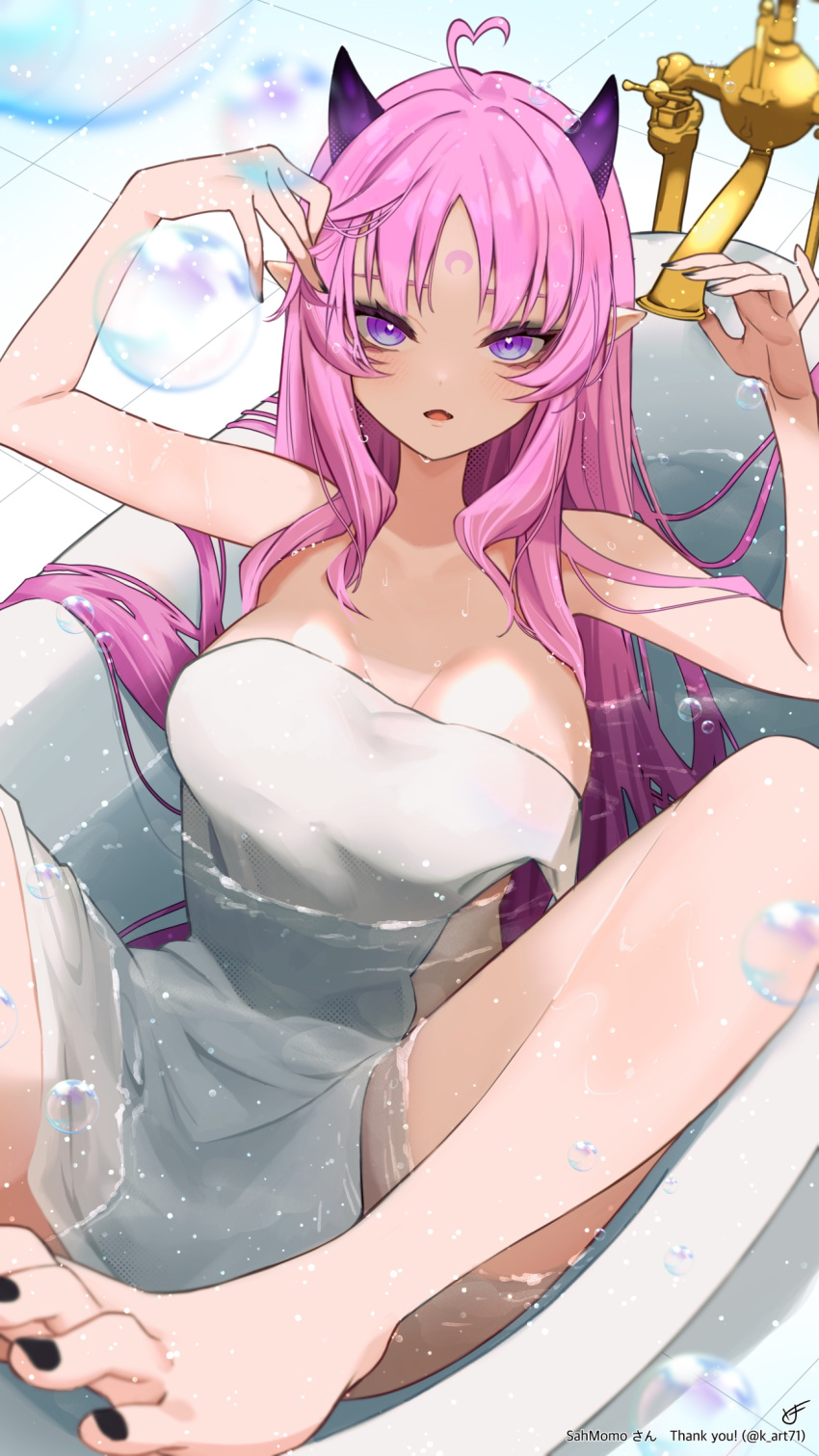 bath bathing black_nails breasts bubble commission demon_girl demon_horns facial_mark fangs female forehead_mark hands_up heart heart_in_eye highres horns indie_virtual_youtuber k_(art71) long_hair nail_polish naked_towel open_mouth partially_submerged pink_hair purple_eyes purple_horns sahmomo_(vtuber) skeb_commission symbol_in_eye tile_floor tiles toenail_polish toenails towel twitter_username virtual_youtuber wet