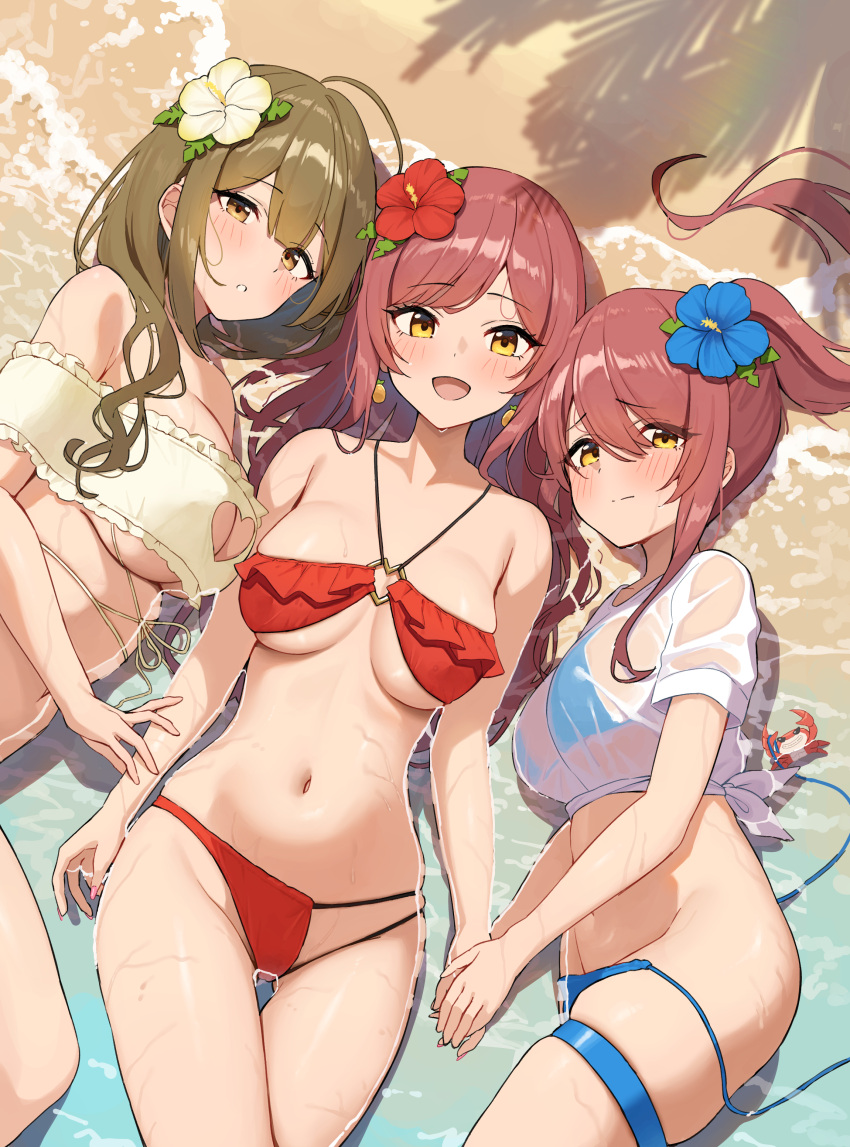 3girls absurdres ahoge alstroemeria_(idolmaster) asymmetrical_bikini beach bikini blue_bikini blush breasts brown_eyes brown_hair cleavage_cutout closed_mouth clothing_cutout collarbone cowboy_shot crab curly_hair dappled_sunlight earrings flower from_above green_flower green_hair hair_flower hair_ornament heart highres idolmaster idolmaster_shiny_colors jewelry kuwayama_chiyuki large_breasts long_hair looking_at_viewer lying medium_breasts multiple_girls navel off-shoulder_bikini off_shoulder on_back on_side open_mouth osaki_amana osaki_tenka outdoors palm_tree parted_lips partially_submerged ponytail red_bikini red_flower sand see-through see-through_shirt shade shirt short_hair short_sleeves side-tie_bikini_bottom stomach sunlight swimsuit swimsuit_under_clothes thigh_gap tied_shirt tree twintails underboob wanimaru water wavy_hair wet wet_clothes white_shirt yellow_eyes