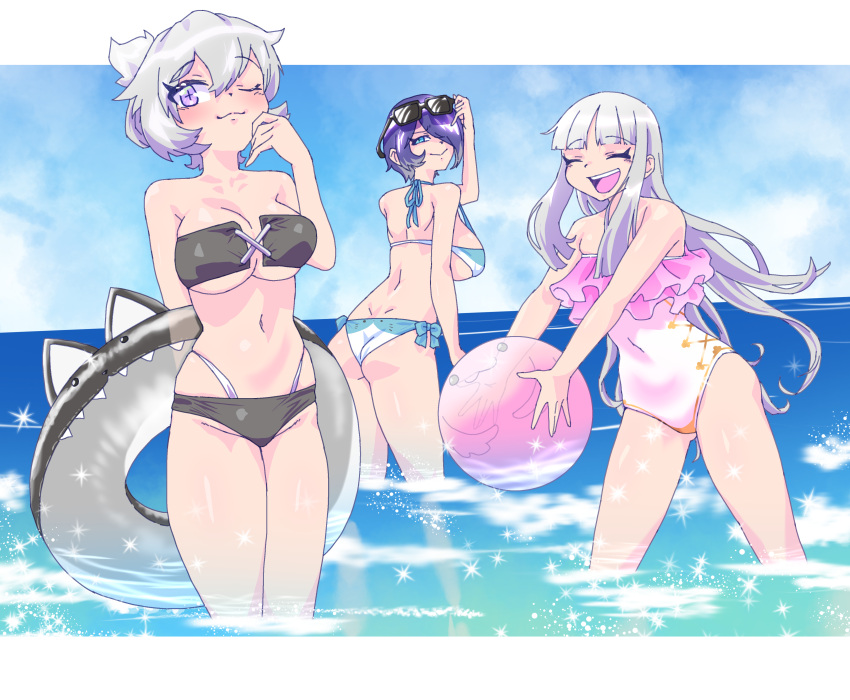 3girls absurdres adjusting_eyewear alternate_costume arm_behind_back arm_up ass ball bare_shoulders beachball bikini black_bikini blue_bikini blue_eyes blue_hair blue_sky blunt_bangs breasts cleavage closed_mouth cloud collarbone commentary_request cross-shaped_pupils day digimon digimon_(creature) eyewear_on_head flat_chest gerusyu grey_eyes grey_hair groin hair_between_eyes hair_over_one_eye hand_on_eyewear hand_up highleg highleg_bikini highres holding holding_ball holding_beachball holding_swim_ring innertube large_breasts long_hair looking_at_viewer multiple_girls navel ocean one-piece_swimsuit one_eye_closed open_mouth outdoors short_hair sidelocks sistermon_blanc sistermon_ciel sistermon_noir sky smile standing stomach strapless strapless_bikini strapless_one-piece_swimsuit sunglasses swim_ring swimsuit symbol-shaped_pupils teeth upper_teeth_only wading white_one-piece_swimsuit