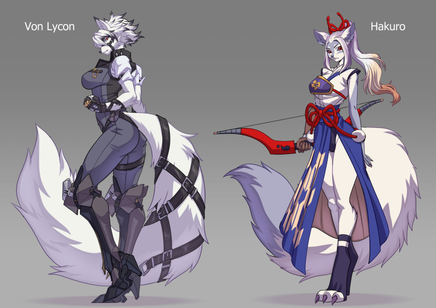 2024 3_toes 5_fingers alanscampos anthro ass black_nose blue_body blue_fur bow_(weapon) breasts canid canine canis character_name claws clothed clothed_anthro clothed_female clothing duo english_text feet female fingers fur gloves hair hakuro_(onmyoji) handwear hi_res hindpaw humanoid_hands mammal mihoyo mtf_crossgender multicolored_body multicolored_fur onmyoji paws ranged_weapon rule_63 standing tail text toe_claws toes two_tone_body two_tone_fur von_lycaon weapon white_body white_fur white_hair wolf zenless_zone_zero