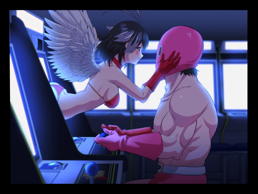 1boy absurdres angel_wings antenna_hair arcade_cabinet arcade_gamer_fubuki ass bikini black_border black_hair blue_eyes border breasts choker eye_contact face-to-face female gloves glowing grey_hair grin hands_on_another's_cheeks hands_on_another's_face highres looking_at_another mask medium_breasts mr.mystery multicolored_hair muscular muscular_male pink_gloves playing_games red_bikini red_choker red_gloves sakuragasaki_fubuki sasar1211 short_hair smile swimsuit two-tone_hair white_wings wings wrestler