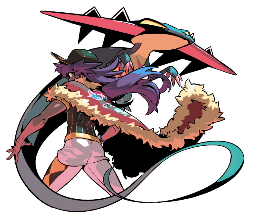 1boy black_hat bright_pupils cape champion_uniform commentary dark-skinned_male dark_skin dragapult floating_hair fur-trimmed_cape fur_trim hat highres leggings leon_(pokemon) long_hair male_focus pokemon pokemon_(creature) pokemon_swsh purple_hair red_cape redlhzz shirt short_sleeves shorts symbol-only_commentary white_leggings white_pupils white_shorts yellow_eyes