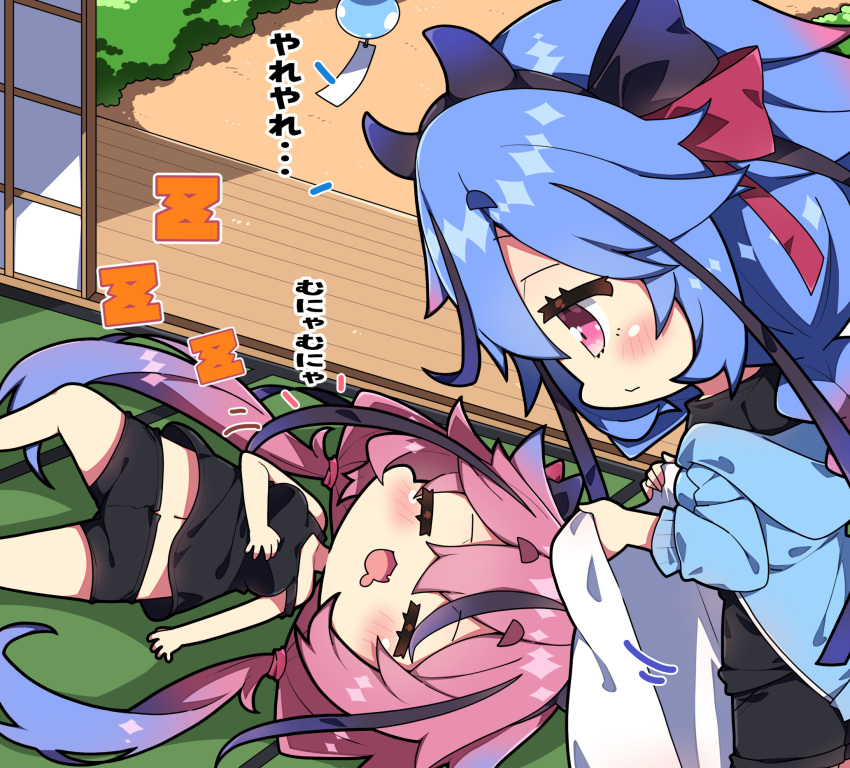 2girls bare_arms bare_shoulders black_shorts black_tank_top blue_hair blue_jacket blush breasts chibi commentary_request day drooling gradient_hair gynoid_talk hair_between_eyes highres hood hood_down hooded_jacket jacket long_sleeves low_twintails lying medium_breasts meika_hime meika_mikoto milkpanda mouth_drool multicolored_hair multiple_girls on_back puffy_long_sleeves puffy_sleeves purple_eyes purple_hair shirt short_shorts shorts strap_slip tank_top translation_request twintails white_shirt wind_chime zzz