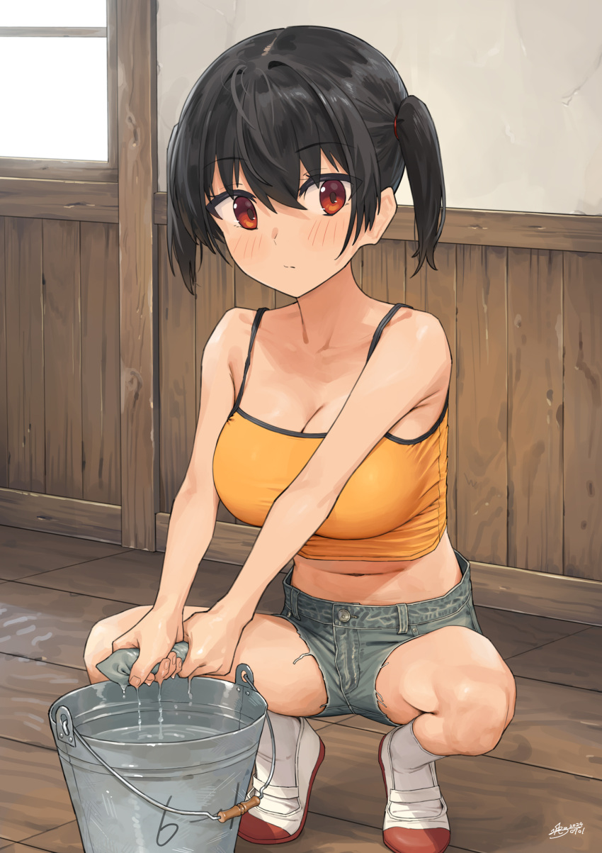 :/ ankle_socks armpit_crease blush breasts bucket bucket_of_water camisole class_number cleavage closed_mouth collarbone commentary_request crop_top cutoffs dated day dripping female full_body gaki_kyonyuu grey_shorts hair_between_eyes hair_intakes hair_tie hallway highres holding holding_sponge indoors kaedeko_(kaedelic) large_breasts looking_at_viewer midriff navel oppai_loli orange_camisole red_eyes revision sasaki_kanna_(kaedeko) school shoes short_hair short_shorts short_twintails shorts signature socks solo split_mouth sponge spread_legs squatting sunlight taut_clothes thighs tiptoes twintails uwabaki v_arms water white_footwear white_socks window wooden_floor wooden_wall wringing