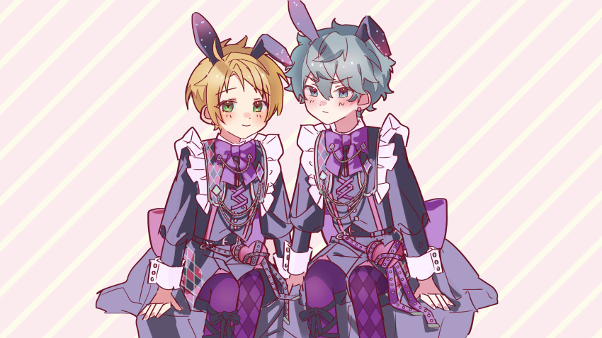 2boys absurdres animal_ears argyle_clothes argyle_thighhighs bishounen blush bow bow_legwear bowtie cosplay deformed diagonal_striped_background dot_nose ensemble_stars! fake_animal_ears feet_out_of_frame girly_boy heidbd highres invisible_chair long_sleeves male_focus mismatched_thighhighs multiple_boys nail_polish no_eyewear pink_background pink_nails purple_bow rabbit_ears sena_izumi_(ensemble_stars!) side-by-side single_floppy_ear sitting sleeve_cuffs yuuki_makoto_(ensemble_stars!)