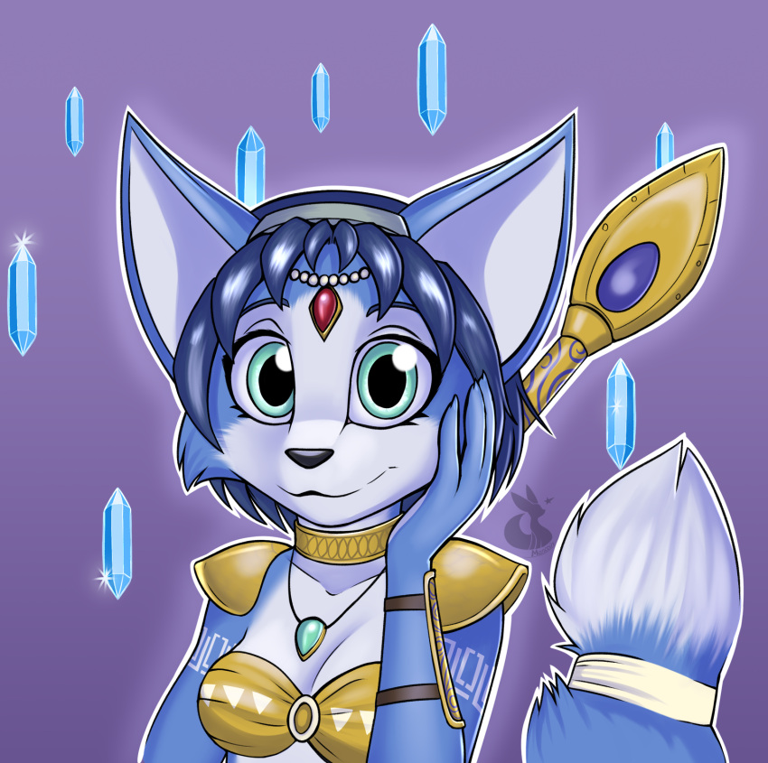 anthro blue_body blue_eyes blue_fur blue_hair breasts bust_portrait canid canine clothed clothing digital_media_(artwork) female fox fur hair hi_res krystal_(star_fox) looking_at_viewer mammal mancoin nintendo portrait signature simple_background small_breasts smile solo star_fox tail white_body white_fur