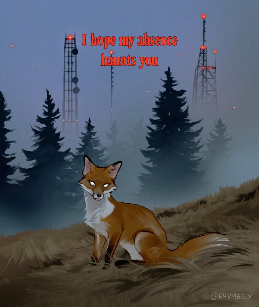 ambiguous_gender black_body black_fur canid canine dish english_text evergreen_tree feral fog foggy_background forest fox fur glowing glowing_light grass hi_res looking_at_viewer mammal orange_body orange_fur pine_tree plant radio_tower rhymes_art sitting solo text tree white_body white_fur