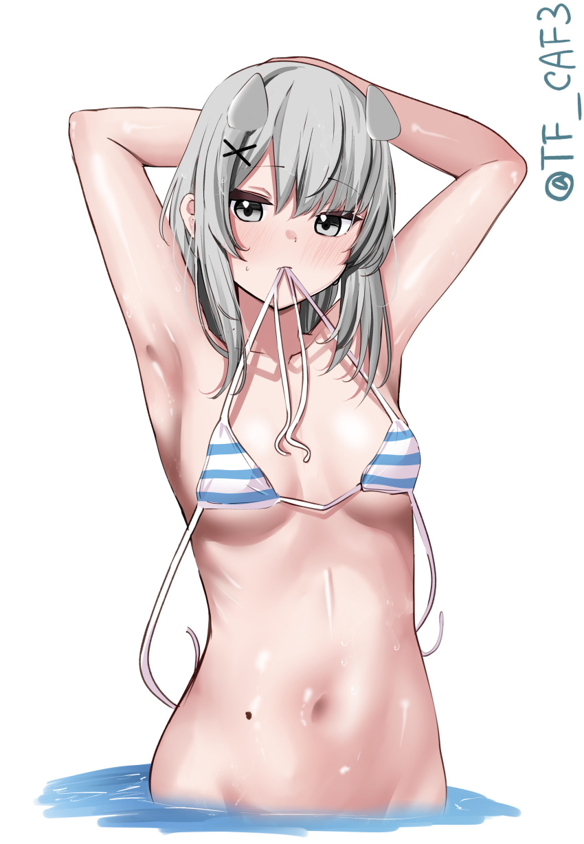 absurdres bikini blue_bikini blush breasts collarbone comb fake_horns female grey_eyes grey_hair hair_ornament highres horned_headwear horns i-201_(kancolle) kantai_collection long_hair looking_at_viewer navel small_breasts smile solo swimsuit tf_cafe water x_hair_ornament