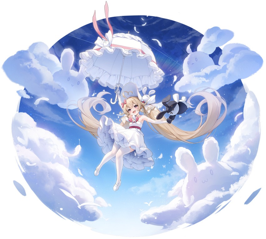 absurdres ahoge arm_up armpits attilio_regolo_(angel_from_above)_(azur_lane) attilio_regolo_(azur_lane) azur_lane blue_sky bow brown_hair criss-cross_halter dress elbow_gloves falling female frilled_dress frills full_body gloves hairbow halterneck hat heart heart-shaped_pupils heart_ahoge highres holding holding_stuffed_toy holding_umbrella k.t.cube long_hair looking_at_viewer manjuu_(azur_lane) non-web_source oerba_yun_fang official_art open_mouth purple_eyes red_bow shaped_cloud shoes sky smile solo stuffed_toy symbol-shaped_pupils thighhighs twintails umbrella very_long_hair white_dress white_footwear white_gloves white_hat white_thighhighs white_umbrella