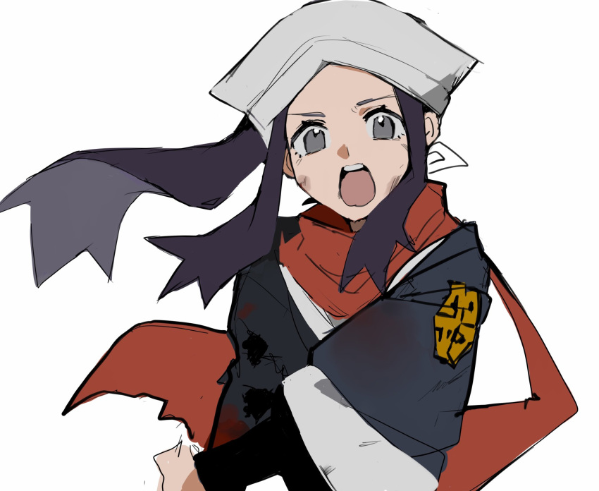 akari_(pokemon) blood blood_on_clothes blue_jacket female floating_hair galaxy_expedition_team_survey_corps_uniform grey_eyes head_scarf highres jacket long_hair looking_at_viewer open_mouth pokemon pokemon_legends:_arceus ponytail purple_hair red_scarf scarf scrape shichibee_(stm_mimi) simple_background solo teeth upper_teeth_only white_background