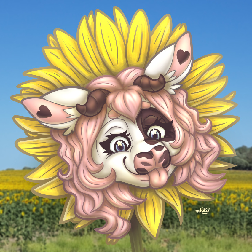 absurd_res animal_humanoid anthro bovid bovid_humanoid bovine bovine_humanoid cattle cattle_humanoid female flower hi_res humanoid mammal mammal_humanoid naoto plant sky solo spring spring_(season) sunflower tongue tongue_out ych