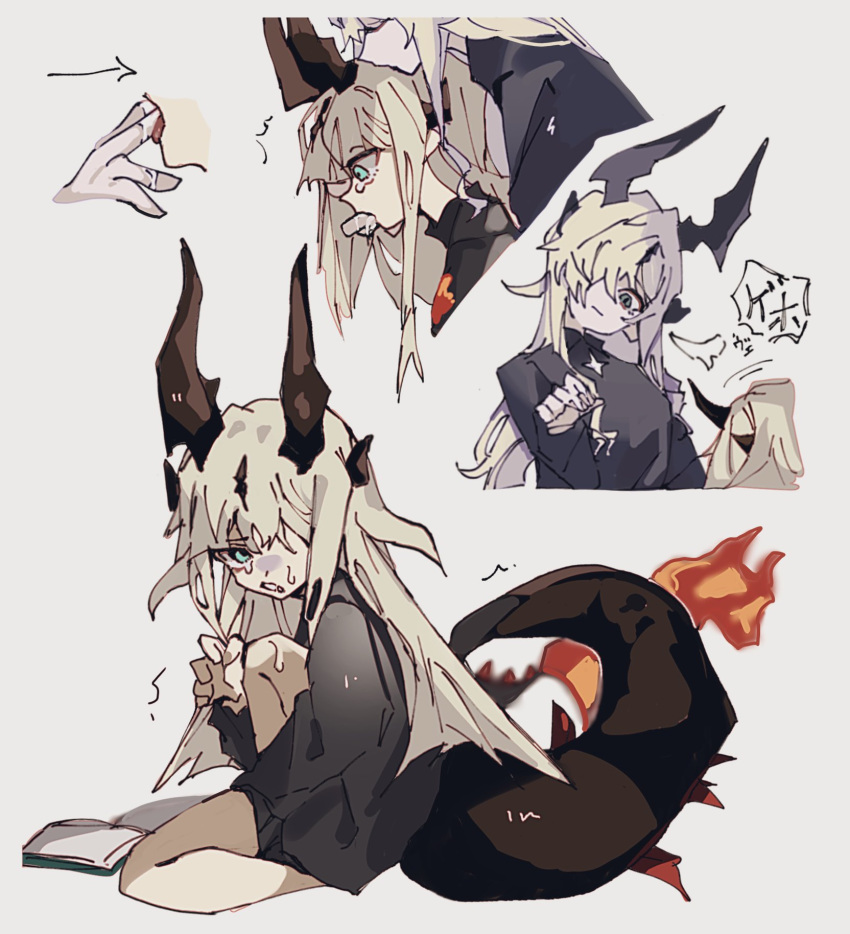 2girls aged_down arknights behind_another black_sweater blonde_hair blue_eyes closed_eyes distress dragon_horns dragon_tail eblana_(arknights) finger_in_another's_mouth grey_background hair_over_one_eye hand_up highres horns long_hair long_sleeves looking_at_viewer multiple_girls multiple_views on_one_knee profile reed_(arknights) rokudenasi071 saliva simple_background sitting sweat sweater tail tongue trembling yuri