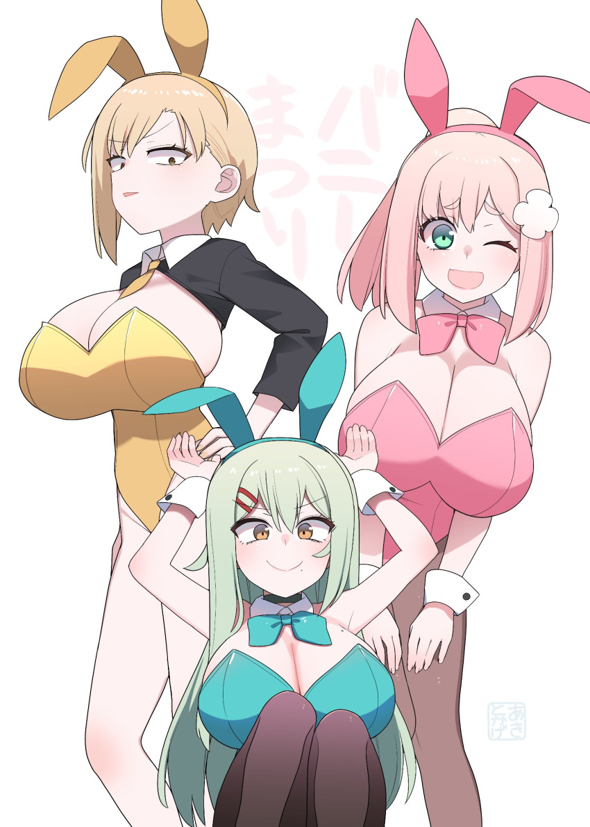 3girls akitokage animal_ears arms_up bare_legs bare_shoulders blonde_hair bow breasts fake_animal_ears green_eyes green_hair green_leotard highres large_breasts leotard looking_at_viewer mole mole_on_breast mole_under_mouth momoka_iori multiple_girls official_art one_eye_closed open_mouth orange_eyes pantyhose pink_hair pink_leotard playboy_bunny rabbit_ears sorako_mozu translation_request white_background wrist_cuffs yellow_leotard yomega_kiss