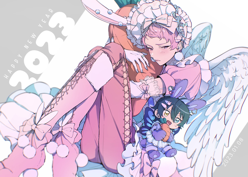 2023 2boys angel angel_wings animal_ears bishounen blush bonnet boots border bow_ring butterfly_wings chibi close-up cross-laced_clothes cross-laced_legwear crossdressing crossed_legs elbow_gloves ensemble_stars! fold-over_boots frilled_gloves frills furrowed_brow girly_boy gloves grey_border happy_new_year highres holding holding_stuffed_toy hugging_object insect_wings itsuki_shu kagehira_mika kenpi_(kentin_jiru) knee_boots knees_up lipgloss long_legs lopsided_border male_focus multiple_boys pants paw_shoes pink_footwear pink_hair pink_pants pink_shirt puffy_short_sleeves puffy_sleeves rabbit_ears rabbit_tail shirt short_hair short_sleeves sideless_pants sitting size_difference stuffed_carrot stuffed_toy tail watson_cross white_background wings