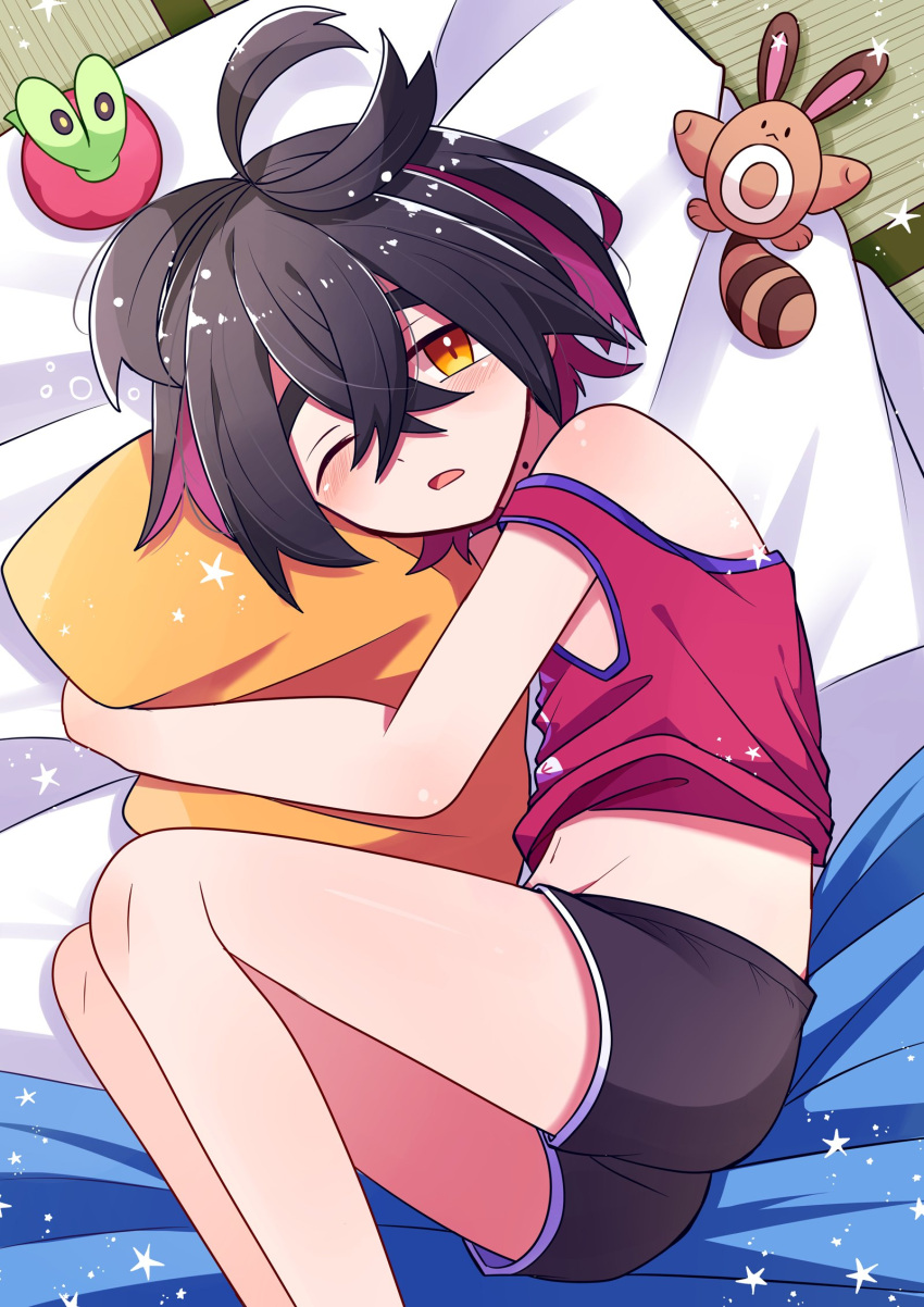 1boy applin black_hair black_shorts blush crossed_bangs futon hair_between_eyes highres hugging_object kieran_(pokemon) looking_at_viewer lying male_focus midriff mole mole_on_neck motiumai on_side one_eye_closed orange_eyes parted_lips pillow pillow_hug pokemon pokemon_sv purple_hair red_tank_top sentret shorts solo star_(symbol) stuffed_toy tank_top tatami