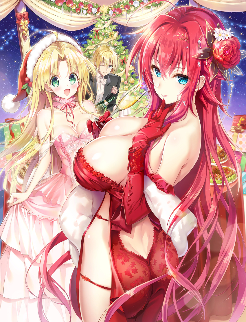 1boy 2girls absurdres ahoge alternate_costume asia_argento blonde_hair blue_eyes breasts champagne_bottle christmas_present christmas_tree cleavage dress fantasia_re:build flower gift green_eyes high_school_dxd highres huge_breasts kiba_yuuto lapels long_hair looking_at_viewer medium_breasts multiple_girls night official_art one_eye_closed open_mouth pink_dress red_dress red_flower red_hair red_rose rias_gremory rose short_hair smile star_(sky) third-party_source tuxedo very_long_hair