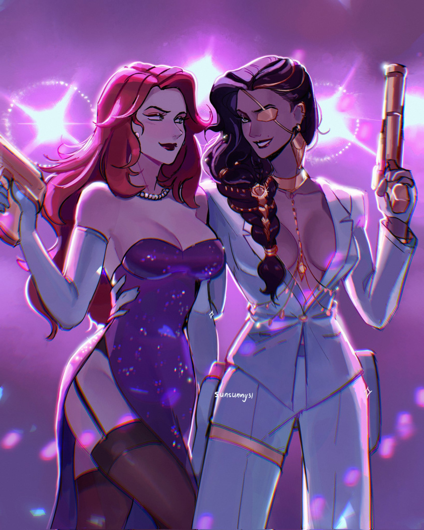 2girls bare_shoulders black_lips breasts cleavage dark-skinned_female dark_skin dress elbow_gloves eyepatch fingerless_gloves gloves gun highres holding holding_gun holding_weapon jacket jewelry large_breasts league_of_legends long_hair long_sleeves miss_fortune_(league_of_legends) mole mole_above_mouth multiple_girls necklace off-shoulder_dress off_shoulder pants ponytail purple_dress red_hair red_lips samira smile sunsunny31 thighhighs weapon white_gloves white_jacket white_pants yuri