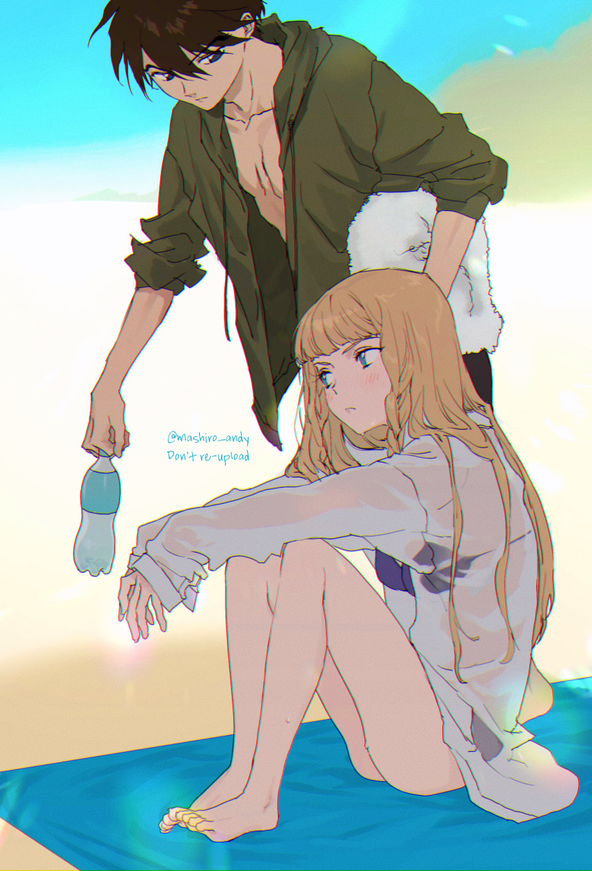 1boy absurdres barefoot beach bikini blonde_hair blue_bikini blue_eyes blunt_bangs blush bottle braid breasts brown_hair collared_shirt female full_body green_hoodie gundam gundam_wing hair_between_eyes heero_yuy highres holding holding_bottle hood hood_down hoodie leaning_forward long_hair looking_at_another mashiro_andy medium_breasts plastic_bottle relena_peacecraft see-through see-through_shirt shirt short_hair sidelocks sitting swimsuit twin_braids twintails wet