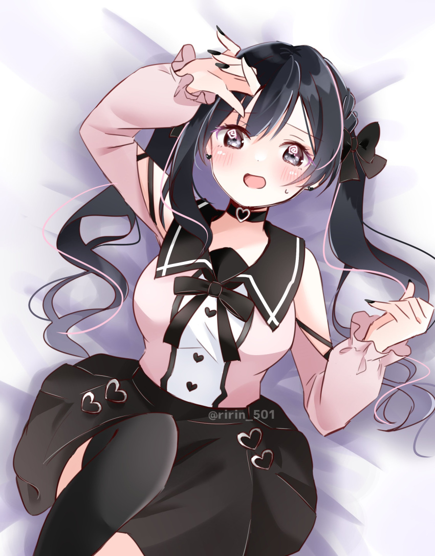 absurdres alternate_hairstyle birthday black_hair black_nails black_skirt black_thighhighs blush breasts commentary earrings female grey_eyes highres jewelry large_breasts long_hair looking_at_viewer love_live! love_live!_nijigasaki_high_school_idol_club lying on_back ririn_(ririn_501) skirt solo thighhighs twintails twitter_username yuki_setsuna_(love_live!)