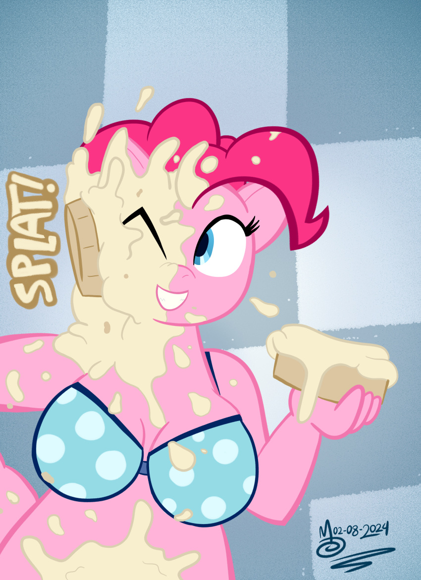 absurd_res animal_humanoid anthro belly bikini bikini_top clothing equid equid_humanoid equine equine_humanoid female food food_fetish friendship_is_magic hasbro hi_res huge_filesize humanoid mammal mammal_humanoid messy my_little_pony onomatopoeia overweight pastry pie_in_face pinkie_pie_(mlp) polka_dot_bikini polka_dots sebaku slightly_chubby slightly_chubby_female solo sound_effects swimwear text two-piece_swimsuit wam