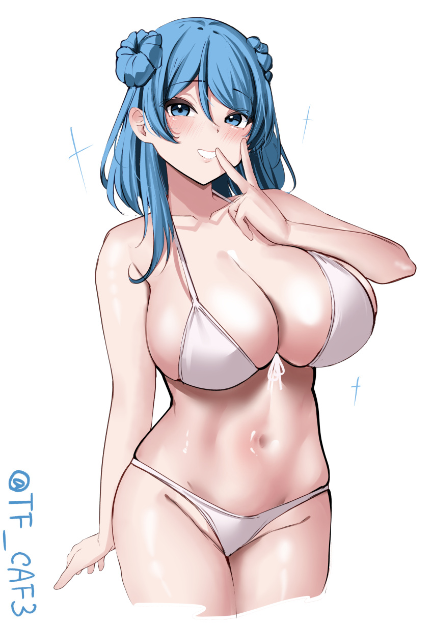 absurdres alternate_costume bikini blue_eyes blue_hair blush breasts collarbone cowboy_shot double_bun female hair_bun highres kantai_collection large_breasts looking_at_viewer medium_hair one-hour_drawing_challenge simple_background smile solo sparkle swimsuit tf_cafe twitter_username urakaze_(kancolle) white_background white_bikini