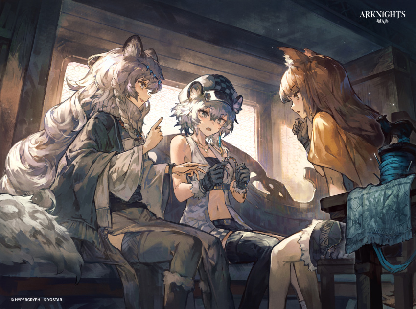 3girls animal_ear_fluff animal_ear_request animal_ears arknights bare_shoulders black_gloves braid brown_eyes brown_hair capelet chair cliffheart_(arknights) curly_hair feet_out_of_frame fur-trimmed_gloves fur_trim gloves grey_eyes highres index_finger_raised indoors jewelry long_hair long_sleeves looking_at_object midriff multiple_girls navel necklace orange_capelet pramanix_(arknights) profile sciurus_browntail_(arknights) short_hair shorts siblings sisters sitting thighhighs white_hair yanyan_(shinken_gomi)