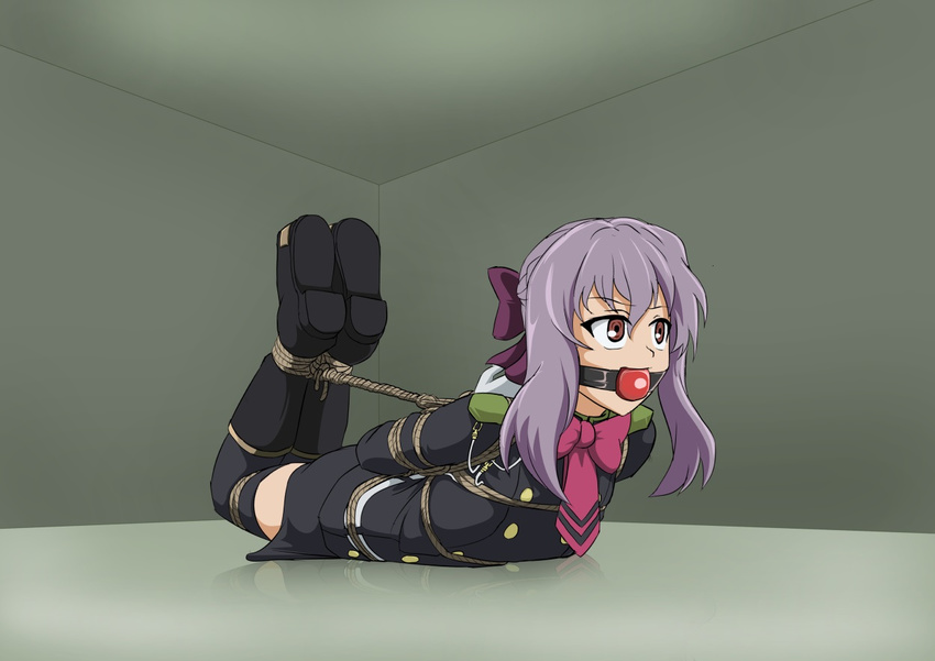 amber_eyes arms_behind_back ball_gag bangs black_clothes bondage bondage boots box_tie captive edited female gag gagged hiiragi_shinoa hogtie indoors lying owari_no_seraph purple_hair ribbon skirt tied tied_up uniform