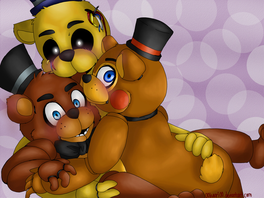 00kaori00 4:3 animatronic anthro bear blue_eyes brown_body brown_fur five_nights_at_freddy's five_nights_at_freddy's_2 fur glowing glowing_eyes group hi_res machine male mammal robot scottgames teeth toy_freddy_(fnaf) withered_freddy_(fnaf) withered_golden_freddy_(fnaf)