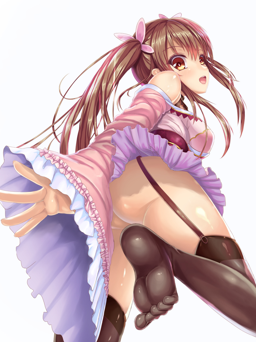 :o ass black_thighhighs breasts brown_eyes brown_hair commentary_request female frills garter_straps highres junon_(sennen_sensou_aigis) long_hair looking_back medium_breasts no_panties outstretched_hand sennen_sensou_aigis soles solo standing standing_on_one_leg thighhighs toes tooru_(pixiv12953962) twintails wide_sleeves