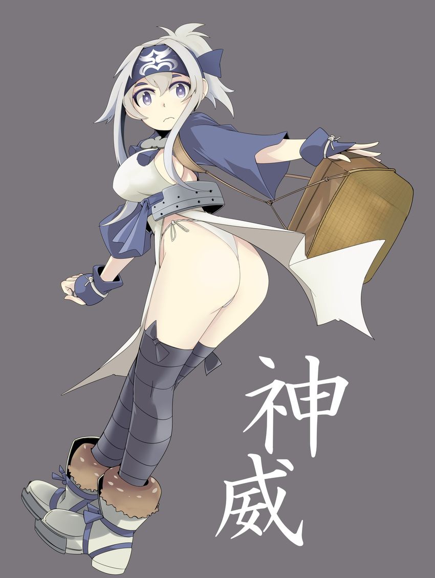 ainu ainu_clothes ass bandana black_thighhighs blue_eyes boots breasts closed_mouth commentary_request cropped_jacket dress female folded_ponytail full_body fundoshi grey_background hair_between_eyes headband highres isetta japanese_clothes kamoi_(kancolle) kantai_collection large_breasts long_hair long_sleeves looking_at_viewer sidelocks simple_background sleeveless sleeveless_dress solo thick_eyebrows thighhighs white_dress white_hair wrist_guards