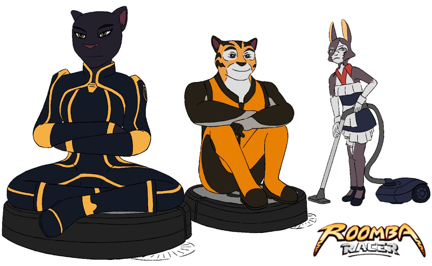 anthro cleaning_tool clothing eyewear felid female frown glasses group humor lagomorph leporid maid_uniform male mammal melanistic ms._torres_(rimba_racer) pantherine pun rabbit riding rimba_racer roomba sitting smile tag_(rimba_racer) tamira_(rimba_racer) tiger tmp999 uniform vacuum vacuum_cleaner