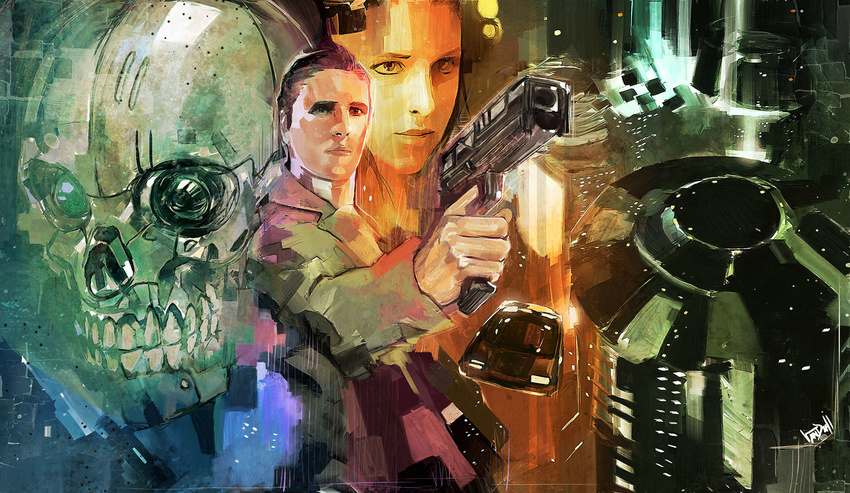 1boy aircraft android brown_eyes brown_hair building cityscape coat commentary_request cyberpunk daniel_oduber detective energy_gun female flying_car gillian_seed gun handgun head mecha mika_slayton photoshop_(medium) raincoat realistic robot science_fiction short_hair signature skull snatcher snatcher_(robot) teeth weapon