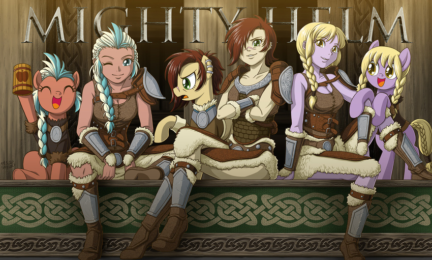 alternate_species blonde_hair blue_eyes braided_hair brown_hair closed_(disambiguation) detailed_background ear_piercing eyelashes female feral green_eyes group hair hasbro hi_res human humanized mammal my_little_pony piercing sitting smile uotapo