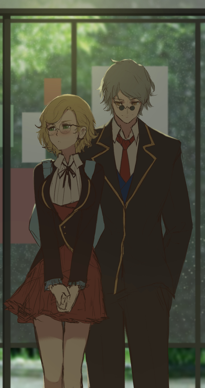 1boy absurdres aged_down backpack bag black_jacket black_pants blonde_hair blush bus_stop collared_shirt commentary dishwasher1910 english_commentary feet_out_of_frame female frown glynda_goodwitch green_eyes green_hair grey_hair hand_in_pocket highres jacket long_sleeves looking_away neck_ribbon necktie own_hands_together pants pince-nez professor_ozpin red_necktie red_skirt ribbon rimless_eyewear round_eyewear rwby school_uniform shirt short_hair skirt smile smirk standing sunglasses v_arms white_shirt window yellow_eyes