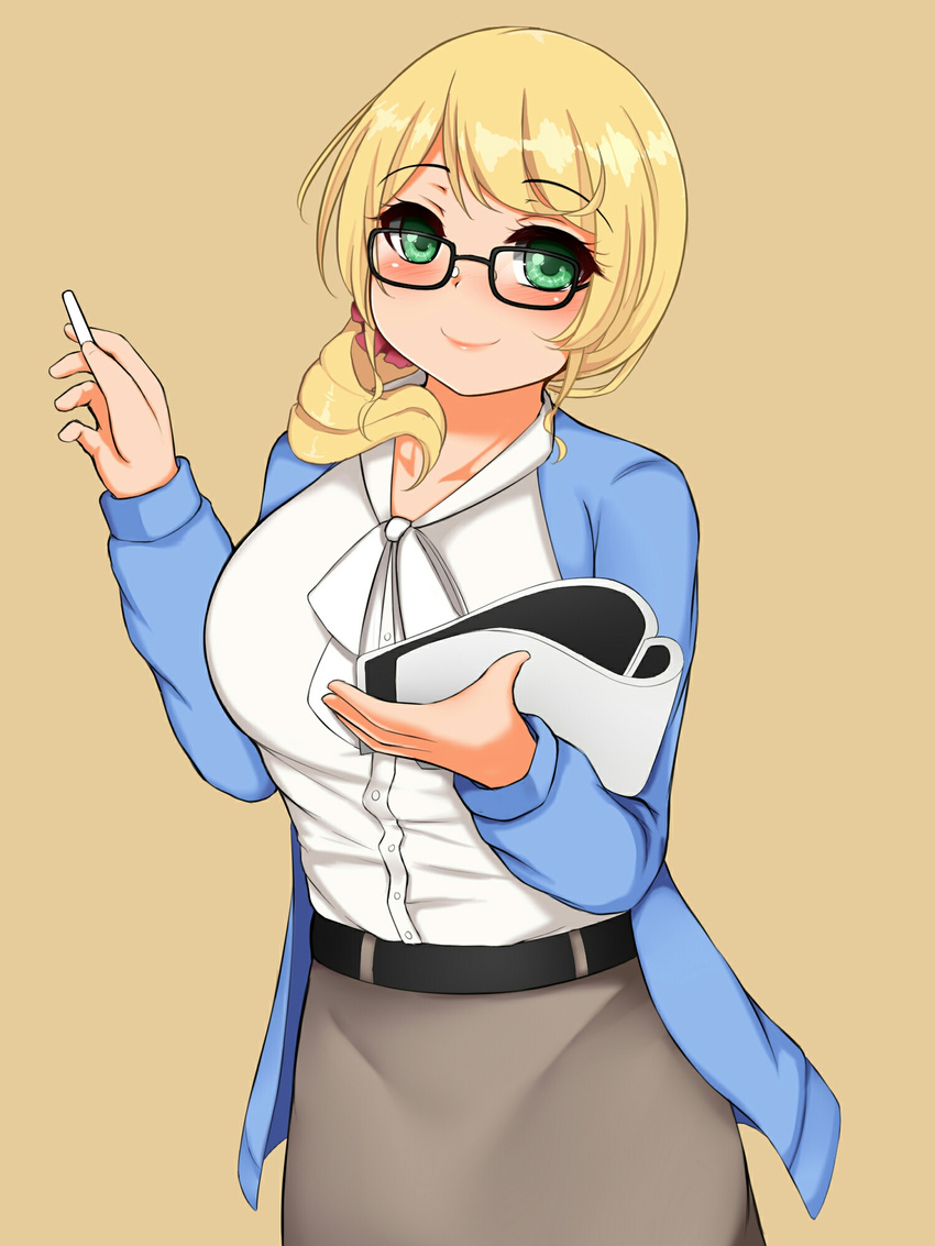 bad_id bad_pixiv_id bespectacled blonde_hair blush breasts chalk ellen_baker female glasses green_eyes highres large_breasts long_hair looking_at_viewer mapar new_horizon orange_background scrunchie simple_background smile solo