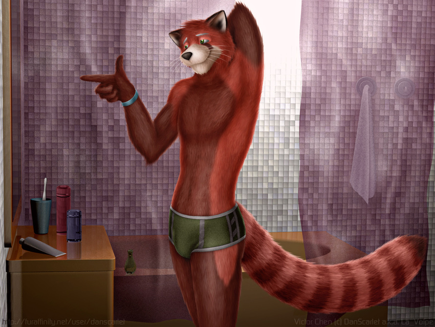 3d_(artwork) ailurid anthro bathroom black_body black_fur black_nose bottomwear bracelet brown_body brown_fur bulge clothed clothing dan_scarlet digital_media_(artwork) fur green_eyes jewelry male mammal mirror orange_body orange_fur red_body red_fur red_panda shorts smile solo topless underwear whiskers white_body white_fur