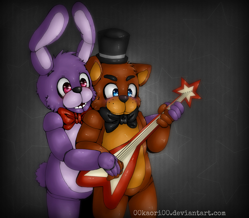 00kaori00 animatronic anthro bear blue_eyes bonnie_(fnaf) brown_body brown_fur duo five_nights_at_freddy's freddy_(fnaf) fur hi_res lagomorph leporid machine male mammal rabbit robot scottgames simple_background teeth text url