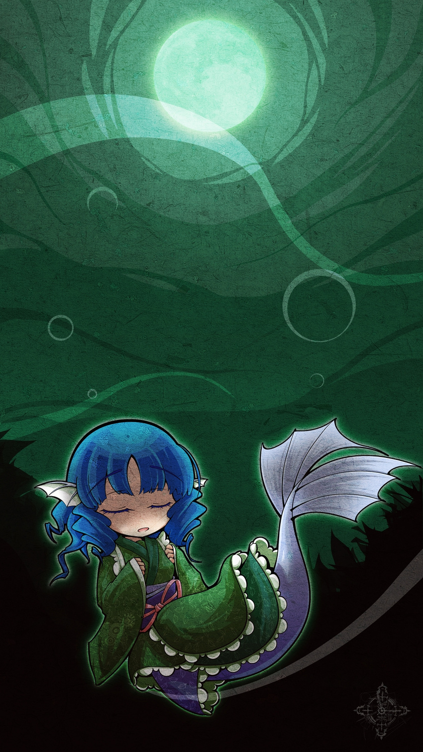 blue_hair commentary_request drill_hair female fins full_moon green_kimono green_moon head_fins highres japanese_clothes kimono long_sleeves mermaid monster_girl moon nj42u6 obi open_mouth photoshop_(medium) sash short_hair solo touhou underwater wakasagihime wide_sleeves