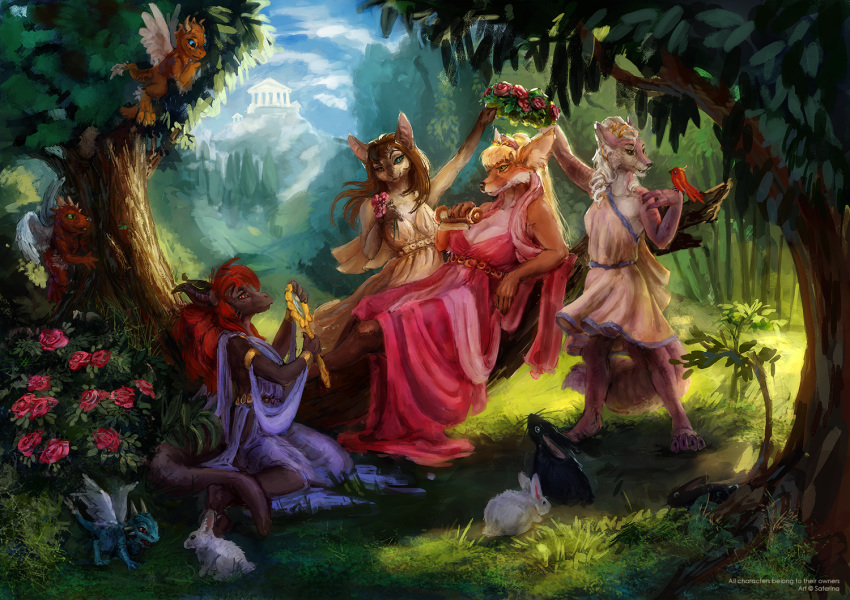 anthro avian barefoot bird blonde_hair breasts brown_hair building canid canine claws cleavage clothed clothing cloud detailed_background domestic_cat dragon dress feathered_wings feathers feet felid feline felis female fennec_fox feral flower forest fox grass group hair hindpaw horn lagomorph leporid long_hair loyse mammal mirror mythological_creature mythological_scalie mythology outside paws plant rabbit reclining red_fox red_hair rose_(flower) saterina scalie scroll sky standing tail temple toe_claws toes tree true_fox whiskers white_hair wings wreath