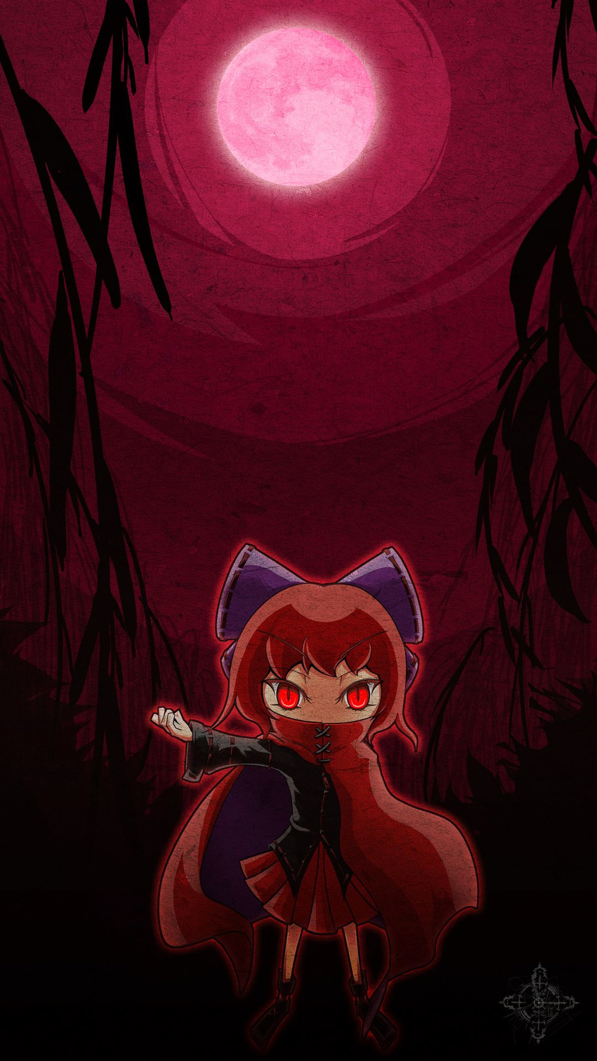 bow cape commentary_request female full_moon hairbow highres long_sleeves moon nj42u6 outstretched_arm photoshop_(medium) red_eyes red_hair red_moon sekibanki short_hair skirt slit_pupils solo touhou