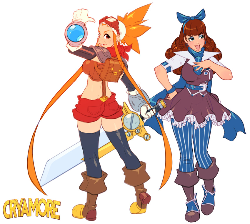 2girls armor backpack bag bandana black_legwear bliss_barson blue_eyes blue_legwear boots bracelet breasts brown_hair commentary_request concept_art contrapposto cryamore cryamore_condenser curly_hair detached_sleeves dress esmyrelda_maximus eyeshadow from_behind gloves goggles goggles_on_head hairband hand_on_own_hip jewelry long_hair makeup midriff mole multiple_girls neckerchief pants pauldrons robaato shoulder_armor spiked_hair standing striped suspenders sword thighhighs vertical_stripes weapon white_background white_gloves