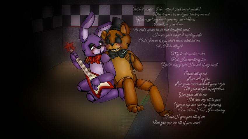 00kaori00 16:9 animatronic anthro bear bonnie_(fnaf) bow_(feature) bow_tie closed_eyes clothing dark duo english_text five_nights_at_freddy's freddy_(fnaf) hat headgear headwear lagomorph leporid machine male mammal rabbit robot scottgames teeth text top_hat widescreen